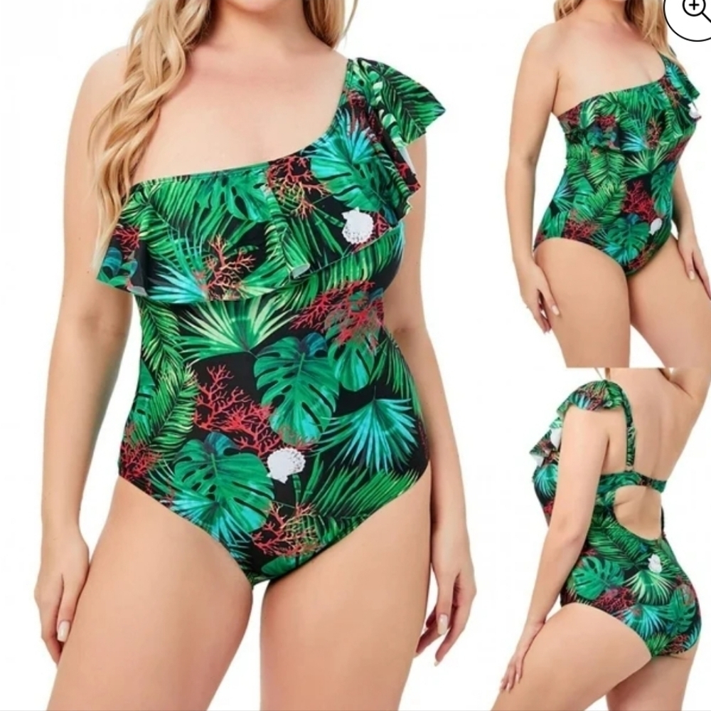 NWT CL. HHan one shoulder tropical print ruffle one piece bathing suit 3XL